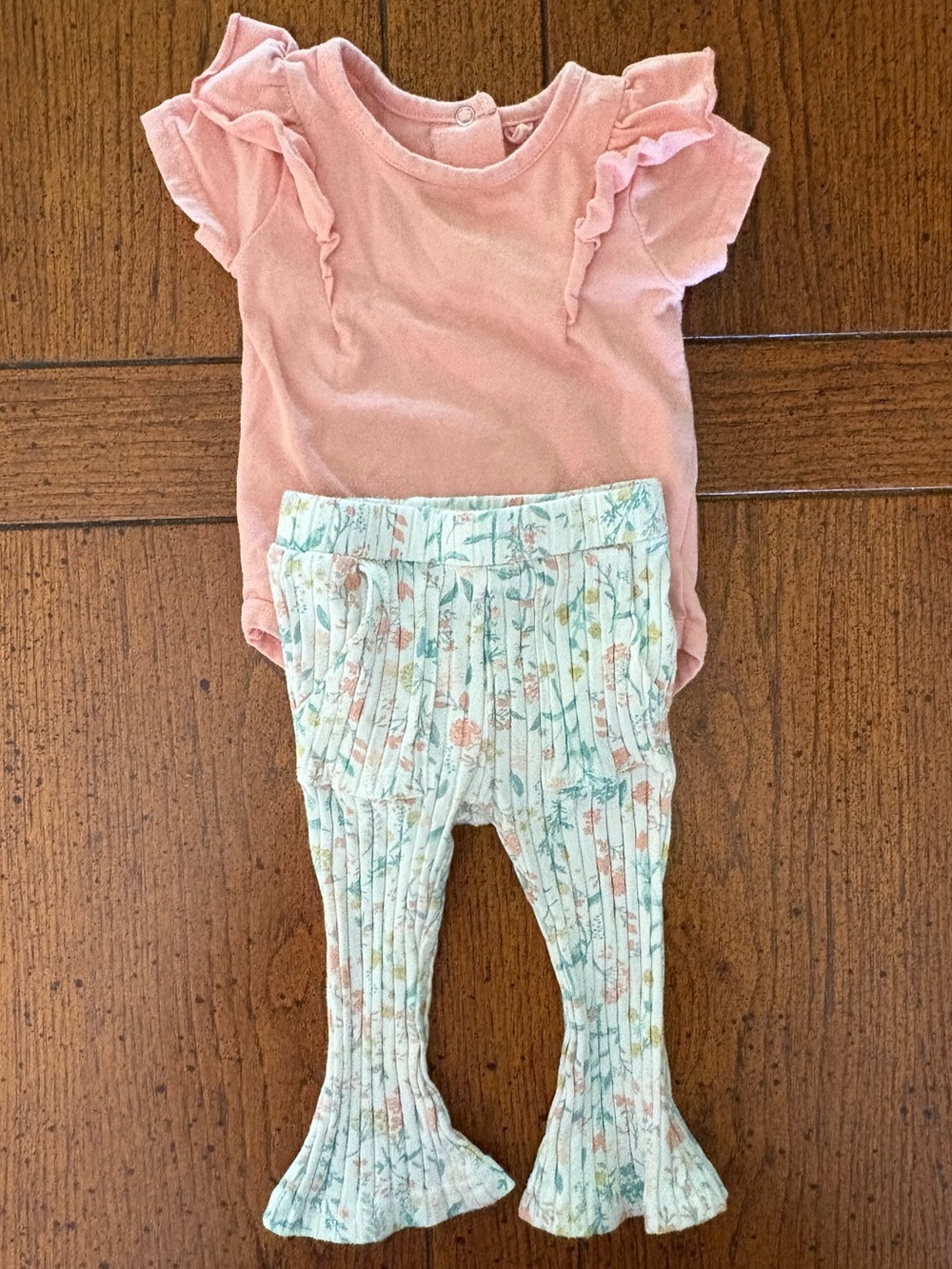 Pink/Coral Ruffle-Sleeve Baby Onesie + Floral Ribbed Flare Leggings, 3-6 months